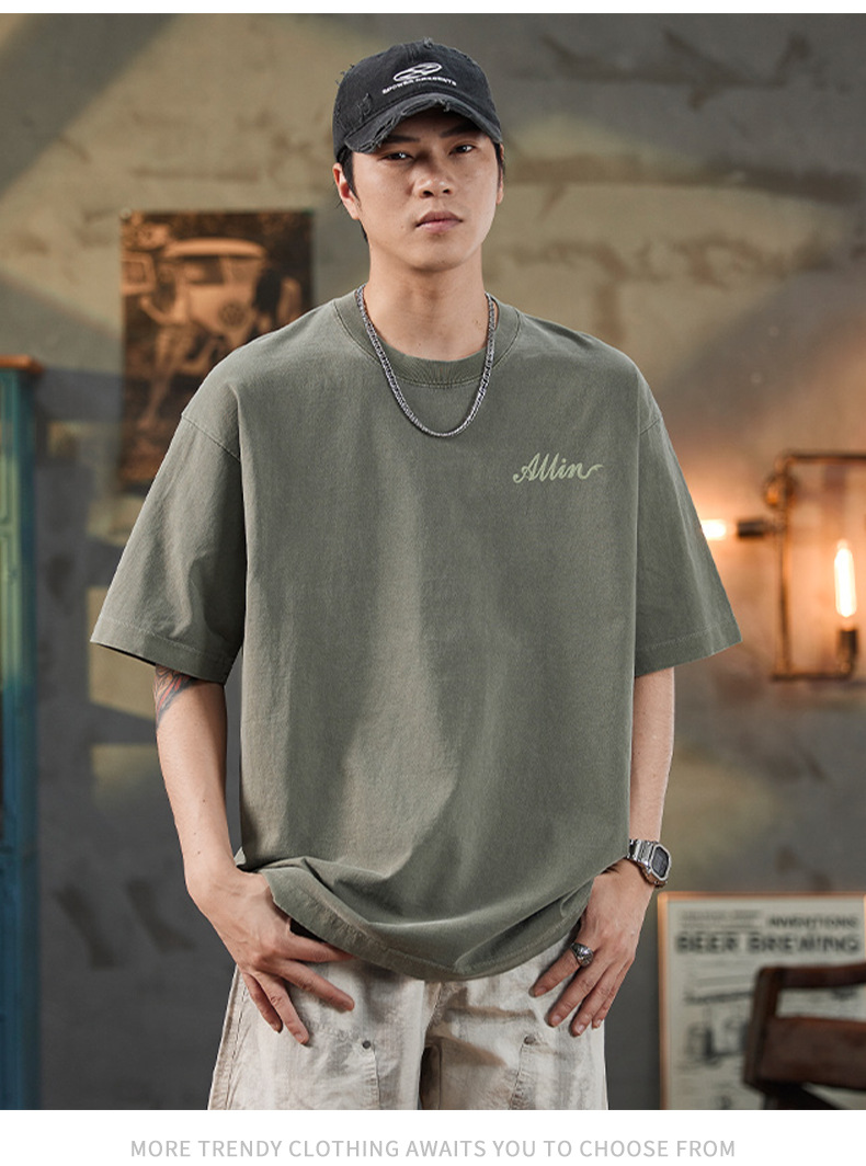 ALLIN pure cotton heavy-duty short-sleeved T-shirt for men, a summer trendy brand with three-dimensional printed letters and loose round-neck couple tops pic 37