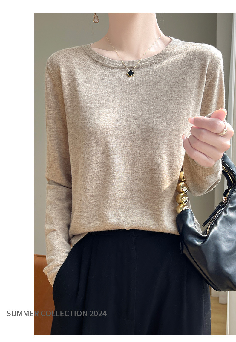 A fine-spun fine wool knitted sweater for women with a round neck, thin spring loose long-sleeved mulberry silk T-shirt, paired with a base layer top pic 18