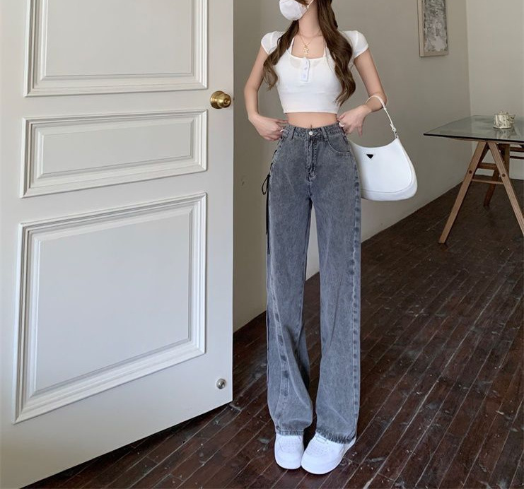 烟灰色直筒牛仔裤女2024春秋新款窄版阔腿裤高腰显瘦百搭烟管裤XH详情5