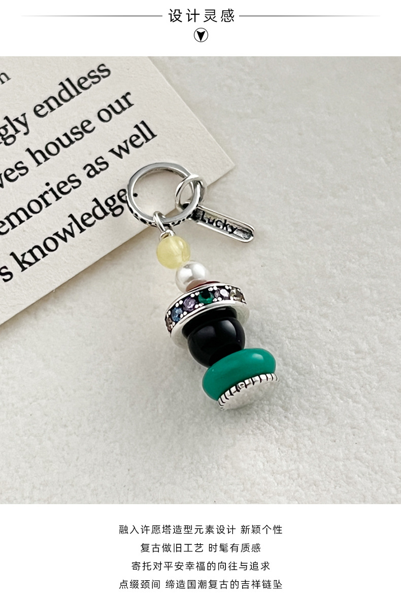 925 sterling silver colored beaded wishing tower pendant, simple, retro, fashionable and individual necklace, suitable for both men and women, N1250 pic 3