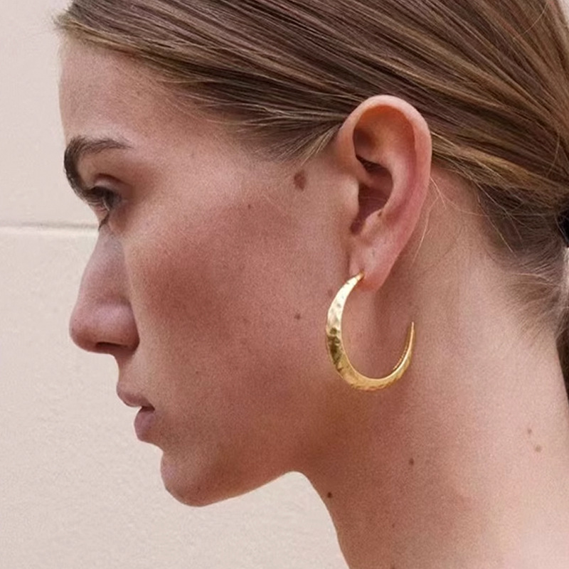 明星同款金银色锤纹大月亮耳环复古做旧C圈耳环小众设计气质个性详情6