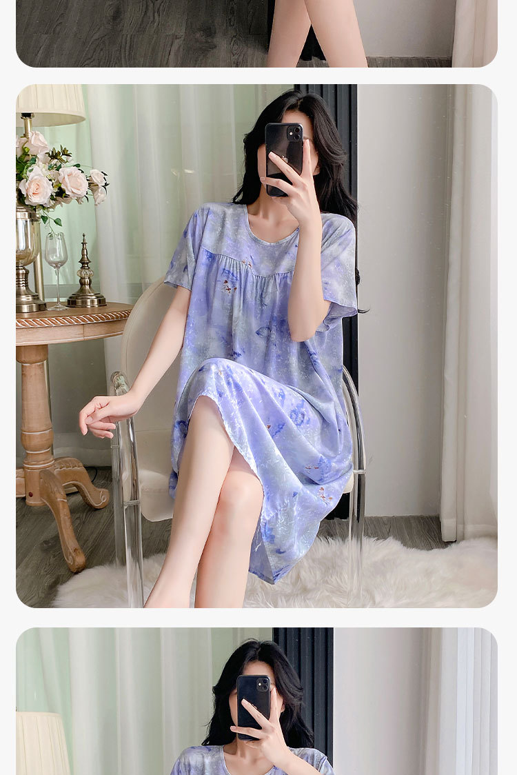 Summer cotton silk belt cushioned nightgown for middle-aged women, short sleeves for mothers, 45-piece artificial cotton home wear, pajama skirt pic 12