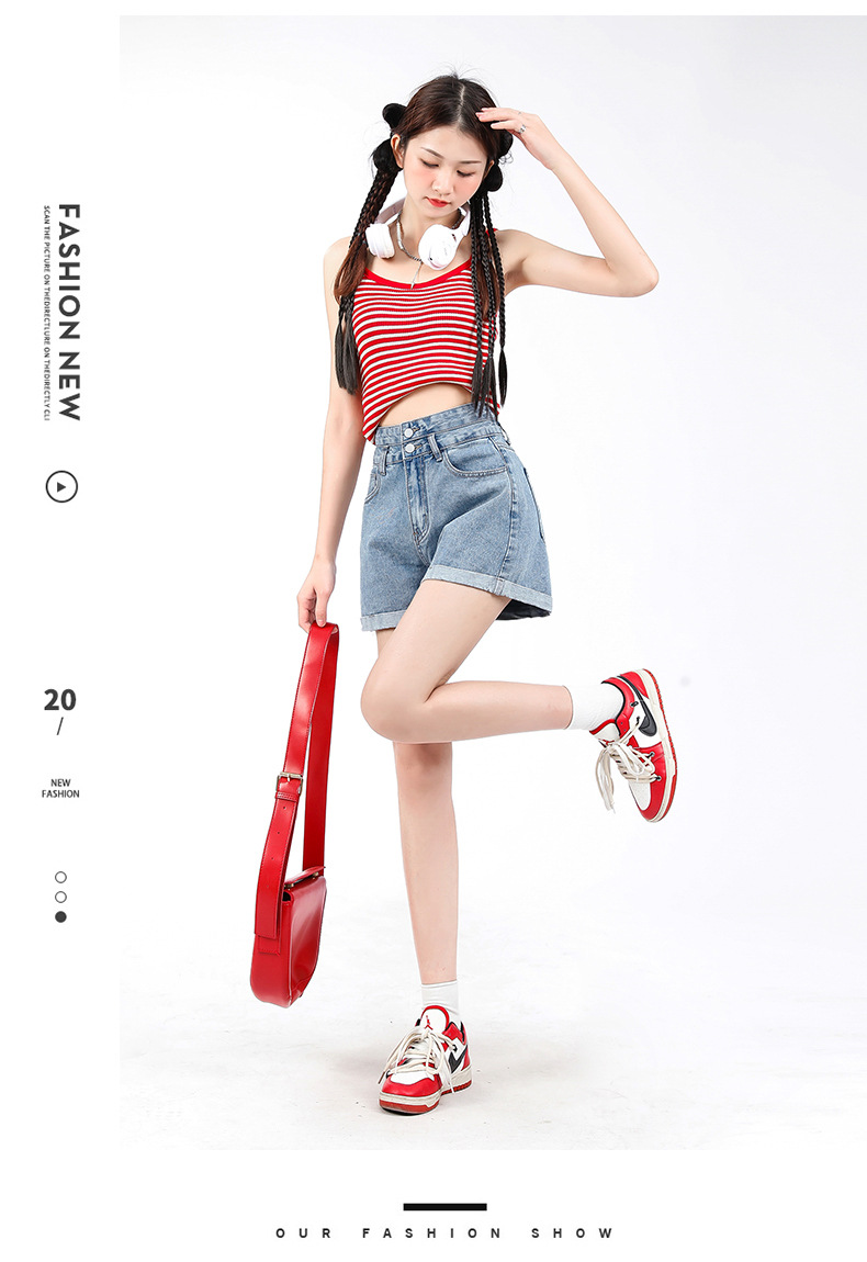508潮流双扣高腰卷边牛仔短裤女夏2023新款宽松显瘦阔腿a字小热裤详情9