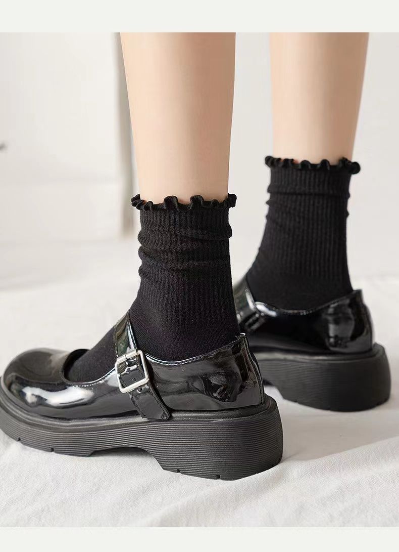 Summer Korean mid-calf socks for women, white lace jk socks, spring and autumn black ear-trimmed long calf socks, Japanese style ins trendy socks pic 13