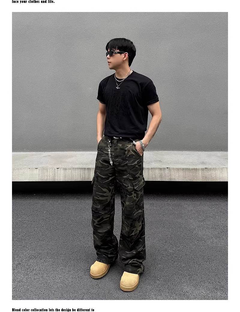 美式复古多口袋阔腿水洗迷彩工装牛仔裤男女小众休闲宽松直筒长裤详情6