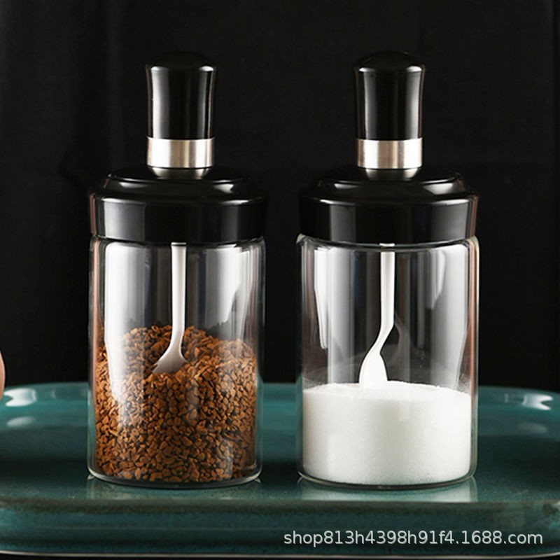 Household moisture-proof kitchen sealed glass salt monosodium glutamate seasoning jar, seasoning box cover, spoon integrated set combination seasoning jar pic 9