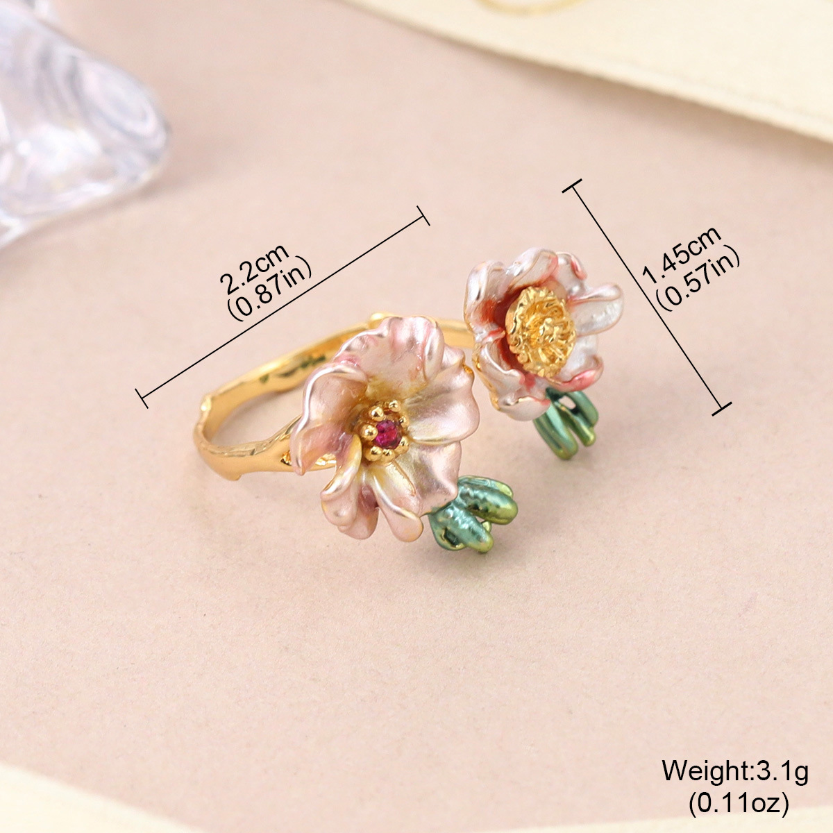 森系珐琅高级感锆石彩色戒指可调节小众设计不掉色花朵指环开口戒详情23