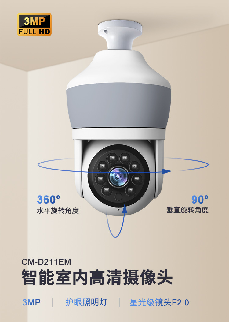 外贸爆款3MP智能家用E27灯泡监控摄像头高清夜视手机远程跨境工厂详情1