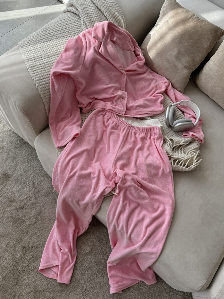 Cross-border pink fleece long-sleeved and long pants pajama set, European and American autumn and winter new cardigan pajamas, comfortable home wear for women pic 20