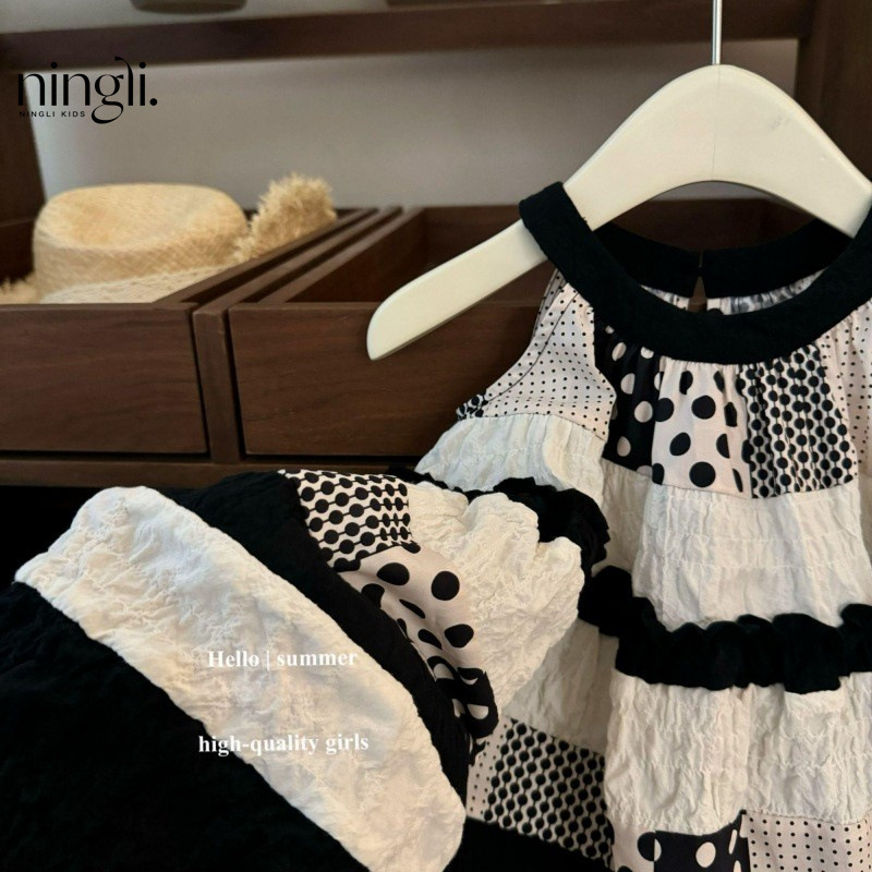 柠里女童吊带裙夏装小女孩时髦拼色波点挂脖背心裙洋气儿童连衣裙详情9