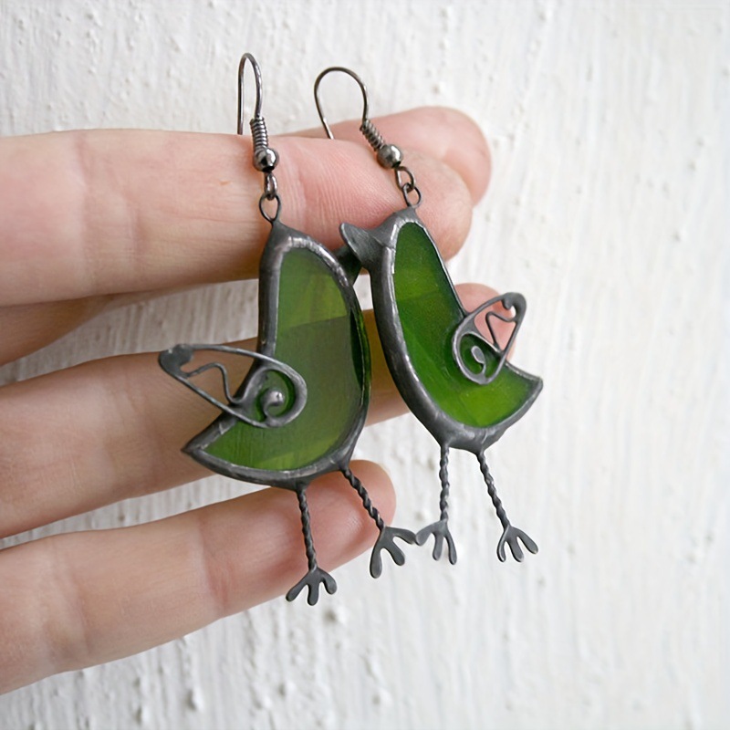 跨境热卖独特的绿鸟吊式耳环可爱女式耳环设计黑色珠宝批发代发详情4