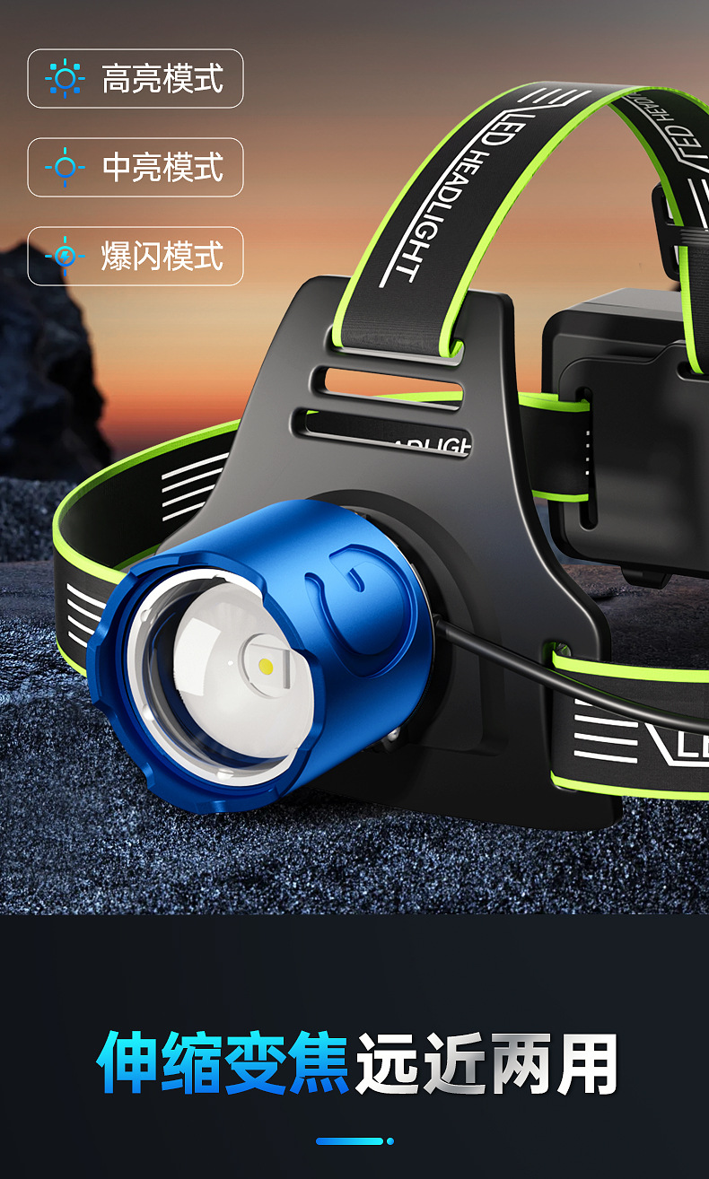 Aluminum alloy headlamp, dual lithium battery, outdoor strong light, waterproof LED charging head-mounted camping fishing searchlight, daily necessities lighting flashlight pic 5