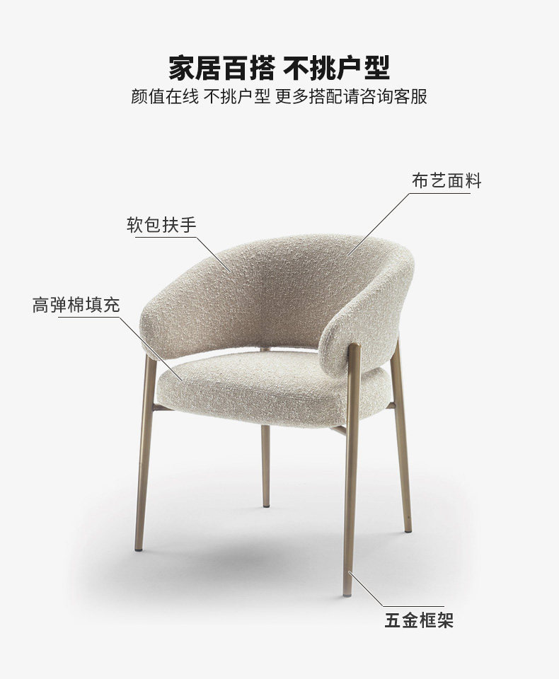 星辰工厂批发意式轻奢羊羔绒餐椅布艺扶手休闲靠背椅家用现代风格跨境详情5