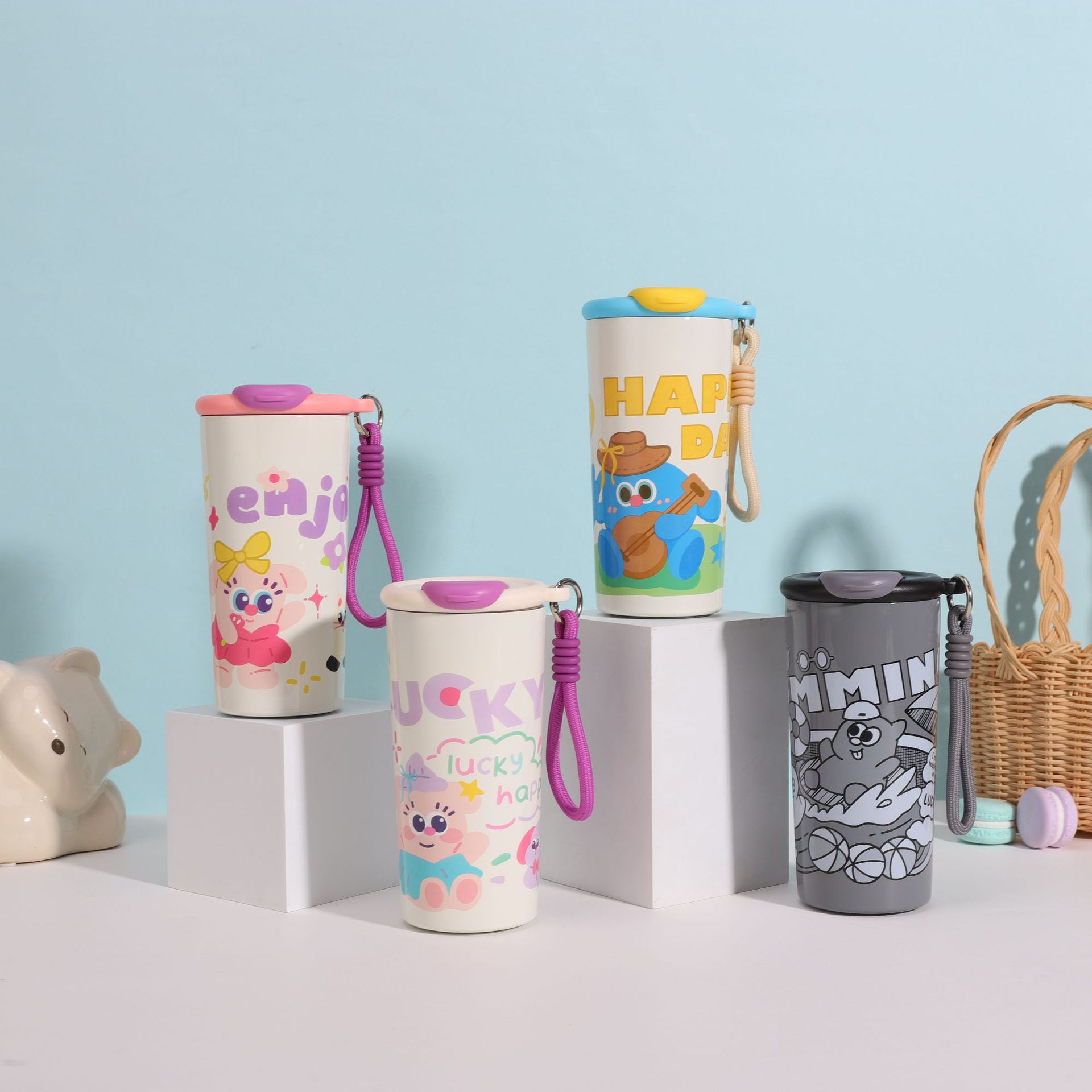 Cartoon colorful insulated cup, 316 stainless steel portable coffee cup, high appearance level for girls, cute straw for heat preservation pic 1