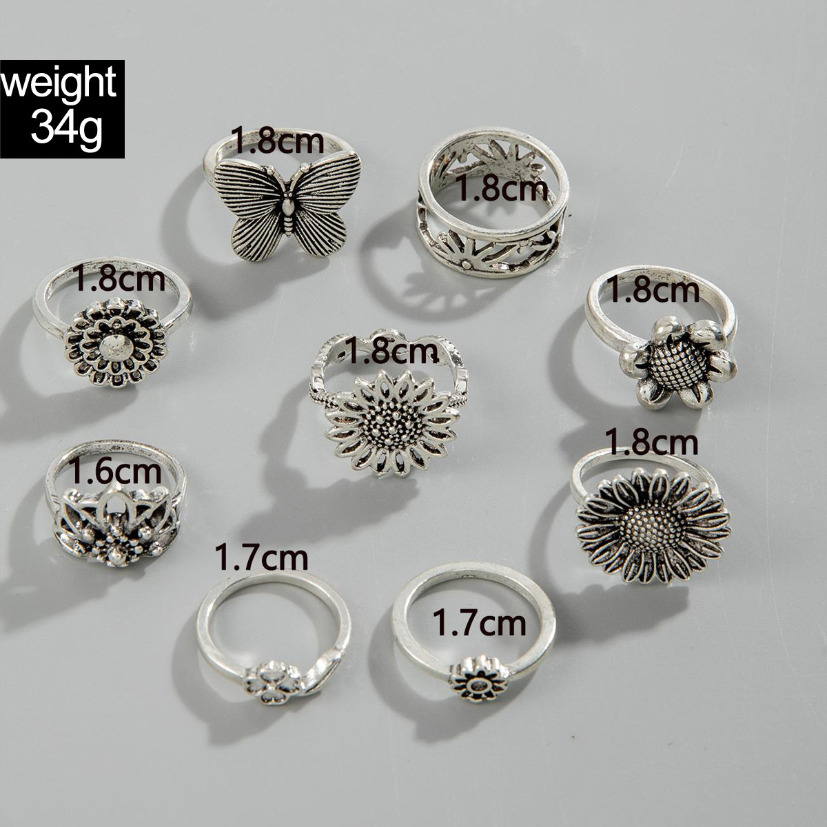 欧美跨境波西米亚海星扇贝戒指 沙滩风椰树蝴蝶雕花复古戒指套装详情15