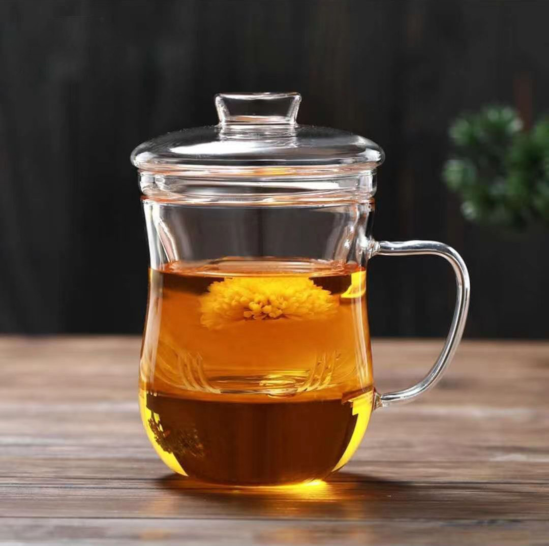 生产高硼硅玻璃泡茶三件杯 家用透明玻璃杯 简约带把办公花茶杯详情3