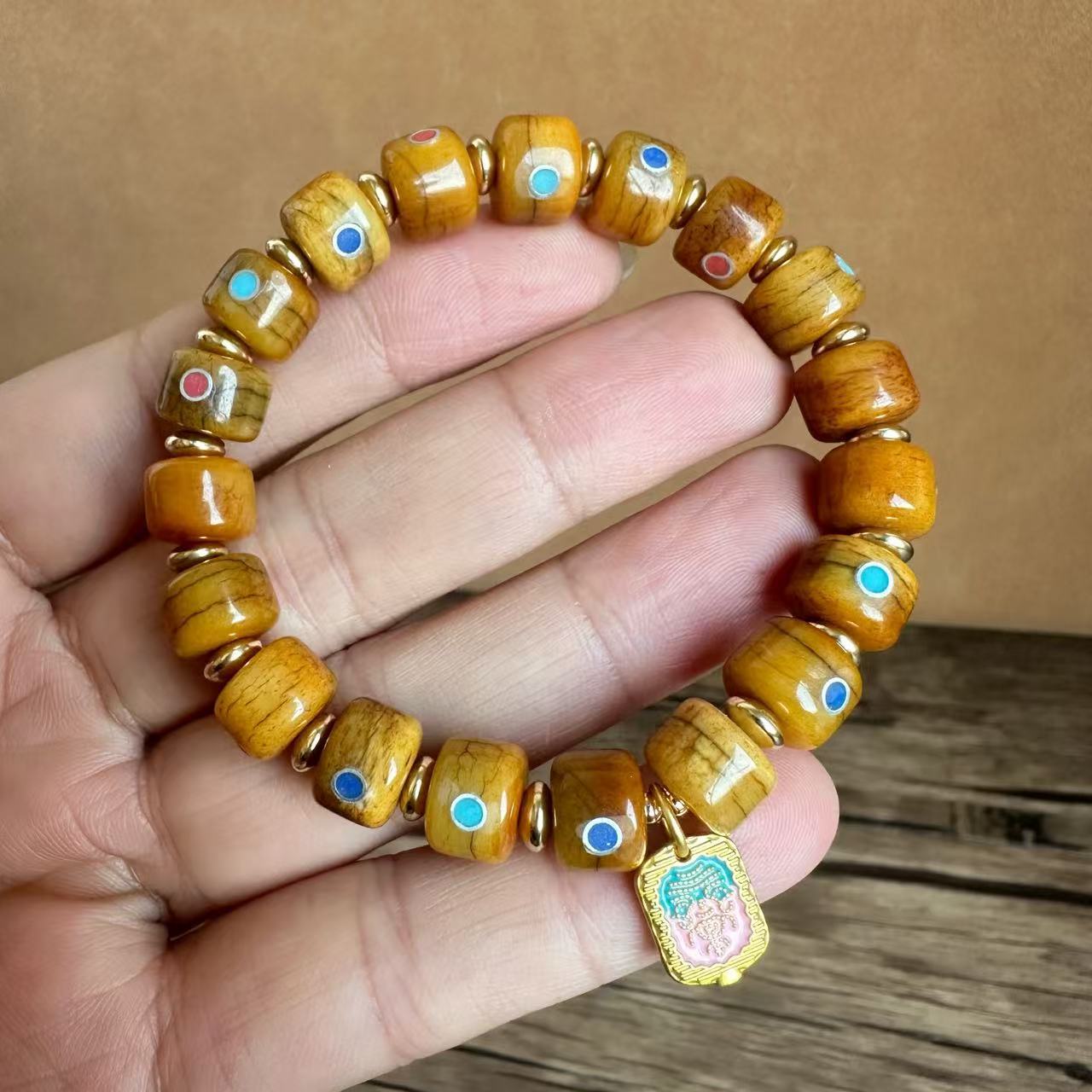 Authentic Tibetan yak bone bracelet for men, inlaid with gemstones and old pearl accessories, ethnic style Tibetan-style bone bracelet collectible pic 14