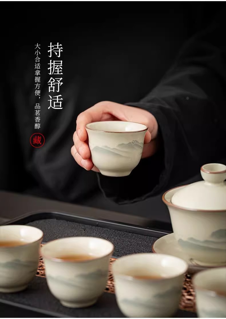Ru Kiln Gongfu tea set, home living room ceramic tea pot, lid, bowl and tea cup complete set, office high-end tea brewing utensils pic 12