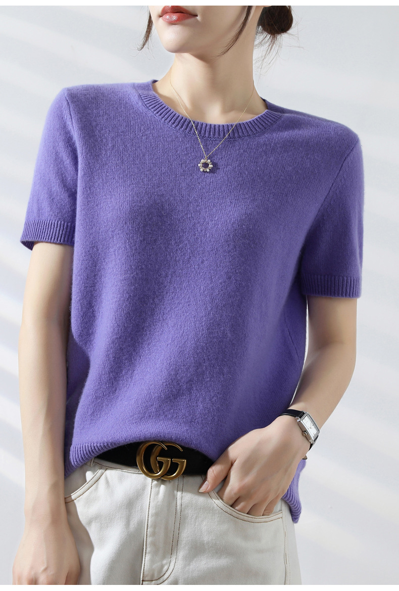 A pullover sweater, a women's non-cashmere round-neck short-sleeved loose T-shirt, paired with a knitted sweater as a base layer, a short top for spring and autumn pic 31