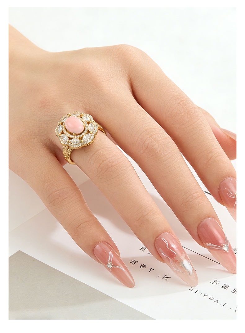 Luxurious and high-end pink Queen shell open ring, copper alloy, real gold electroplated with zircon, exquisite adjustable ring pic 7