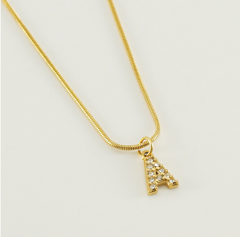 Cross-border European and American stainless steel fashion 26 English diamond-encrusted small letter necklace, simple and versatile titanium steel snake chain necklace for women pic 23