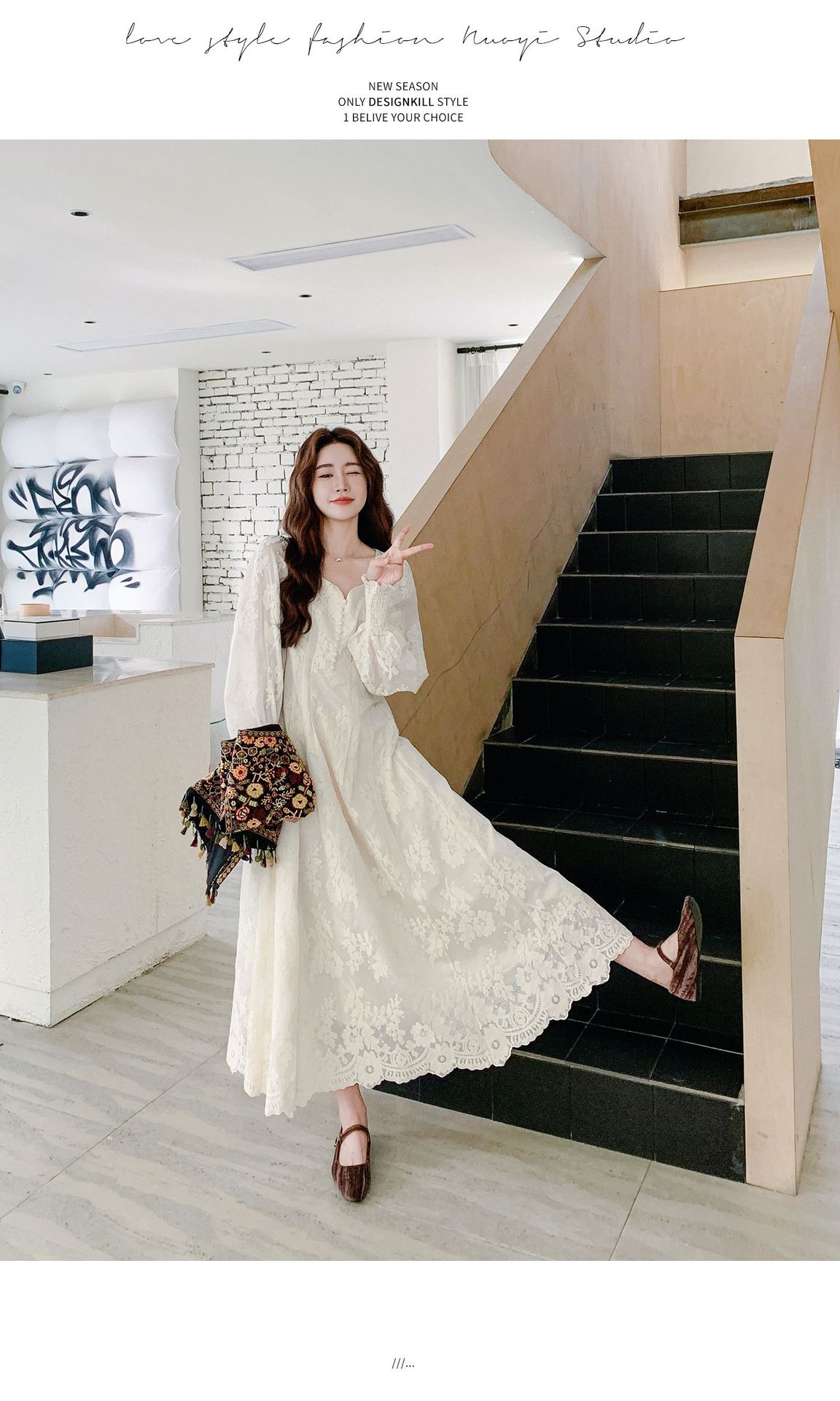 Real shot Bohemian fringed vest jacquard long dress two-piece set 2025 autumn collection lace patchwork V-neck dress pic 38