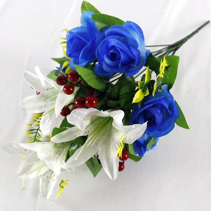 跨境仿真玫瑰花婚庆百合发财果冬青果12头仙桃玫仿真绢花家居花艺详情14