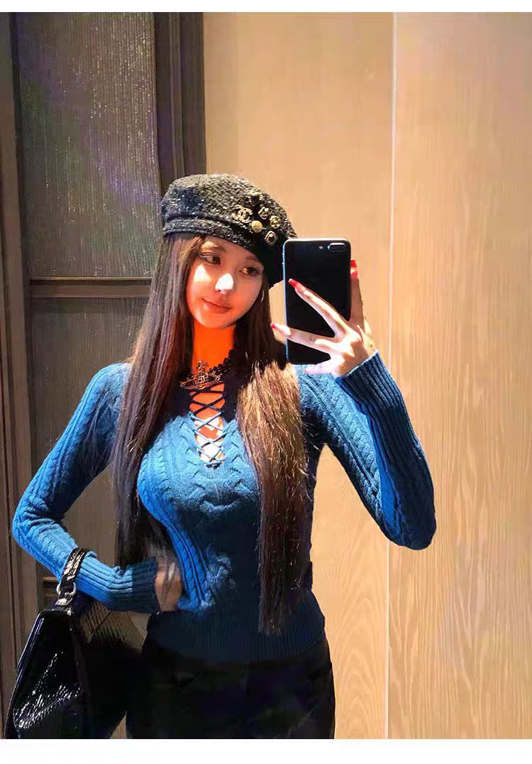 白色圆领镂空针织衫女秋冬修身长袖麻花毛衣打底内搭辣妹紧身上衣详情18