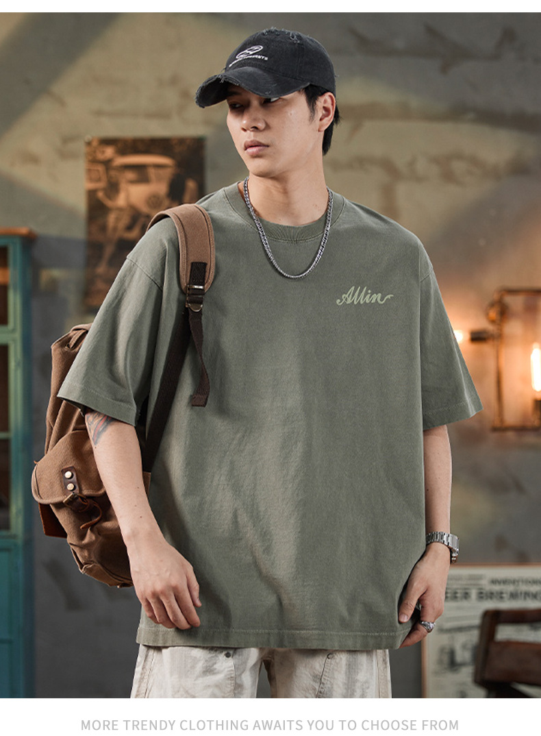 ALLIN pure cotton heavy-duty short-sleeved T-shirt for men, a summer trendy brand with three-dimensional printed letters and loose round-neck couple tops pic 41