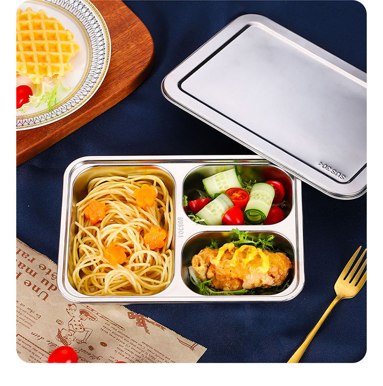 304不锈钢餐盘 成人儿童食堂方形分格餐盒加深加厚带盖饭盘快餐盘详情20