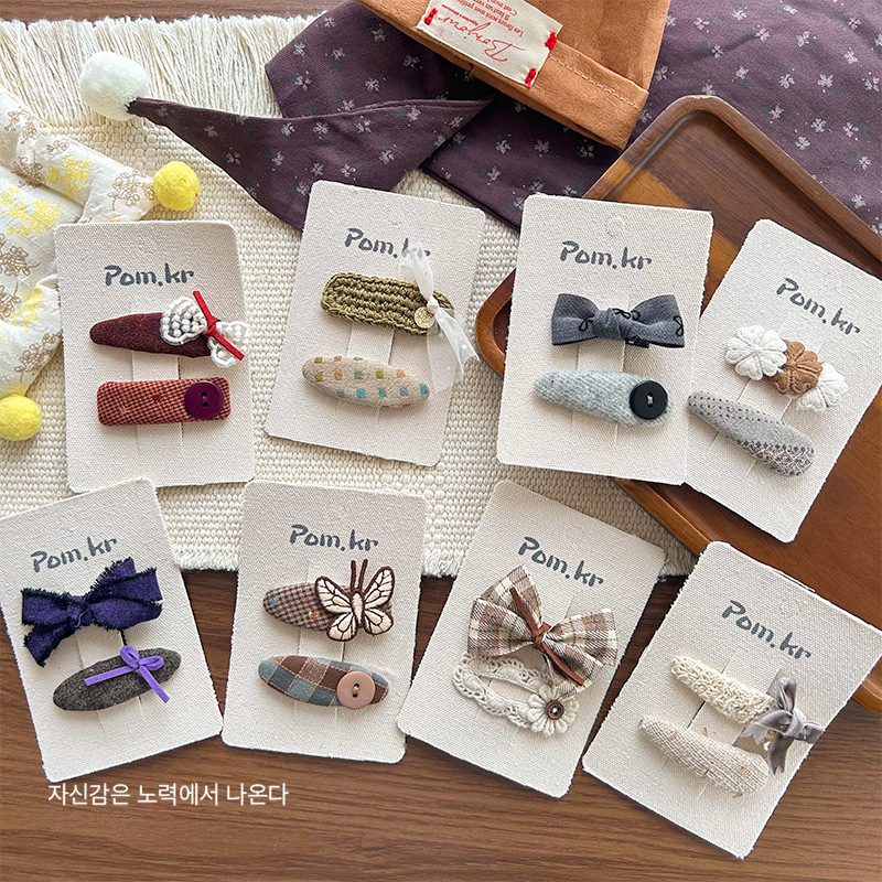 新款韩版布艺格纹蝴蝶结蕾丝纽扣发夹甜美儿童百搭发夹侧边夹发饰详情2