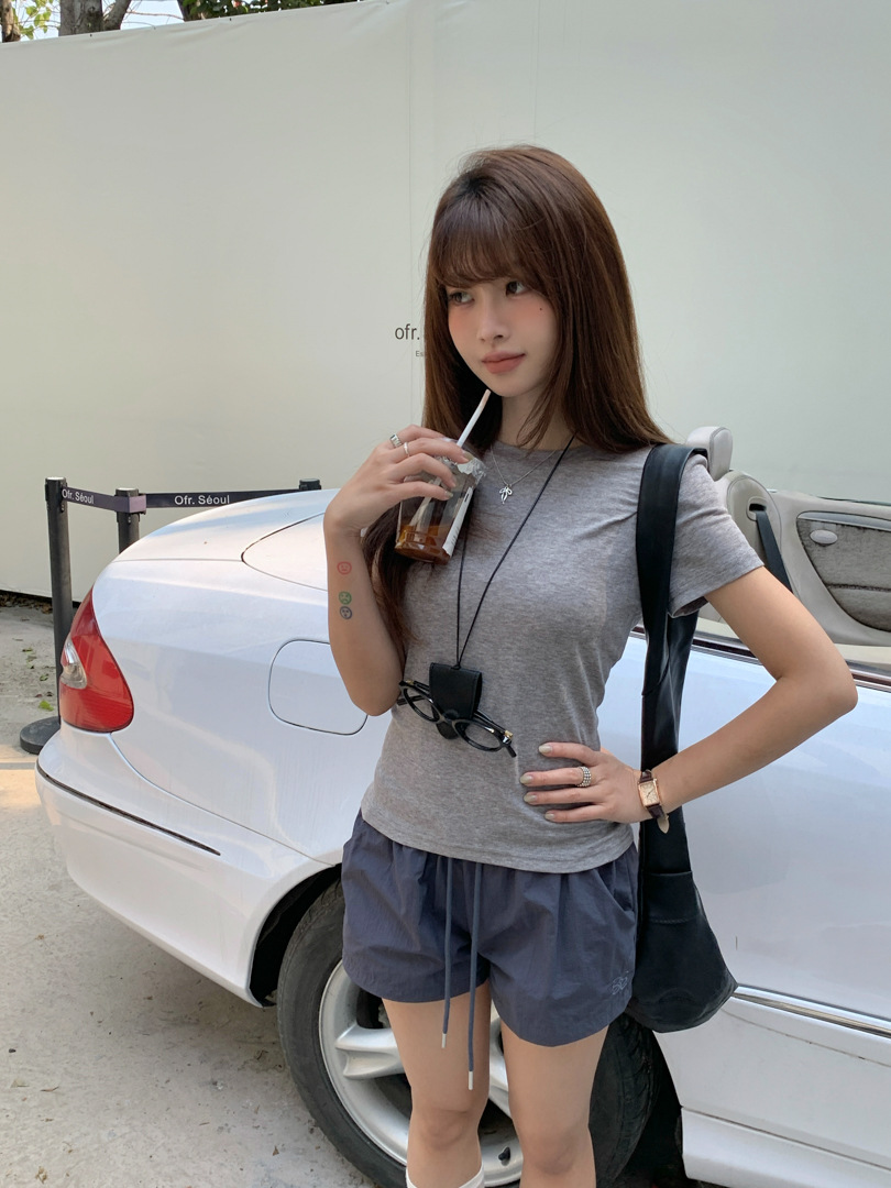 GAGD Tencel wool shoulder short-sleeved T-shirt for women, Millennium, sweet and cool, waist-tightening sport short-sleeved T-shirt top for spring pic 10