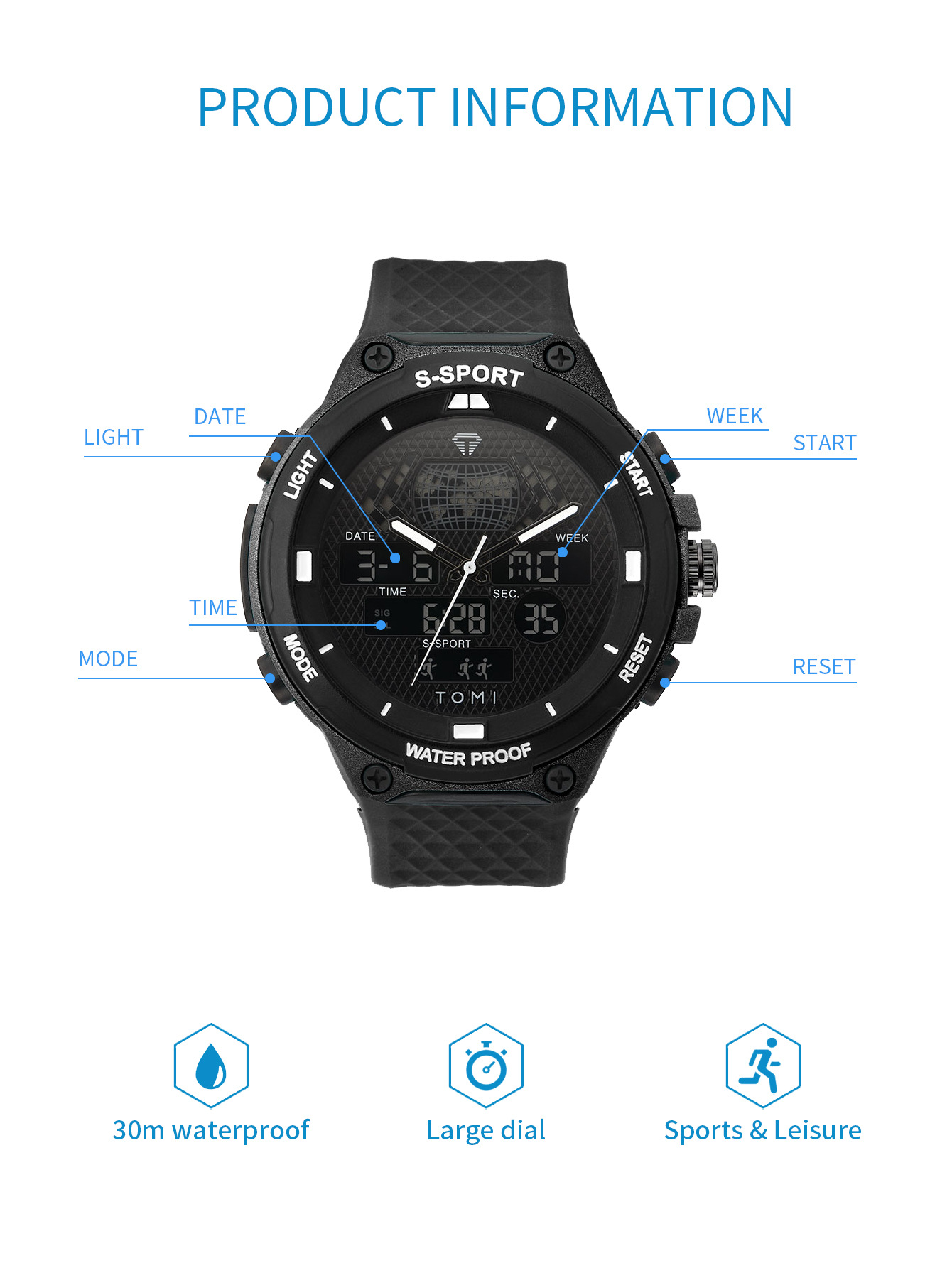 TOMI数字指针双显示创意休闲手表男士学生运动防水表高颜值石英表详情16