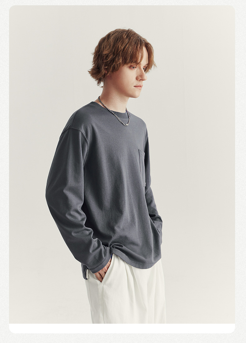 APO男装|2025新款长袖男T恤秋季高级感纯色休闲宽松圆领内搭上衣详情11