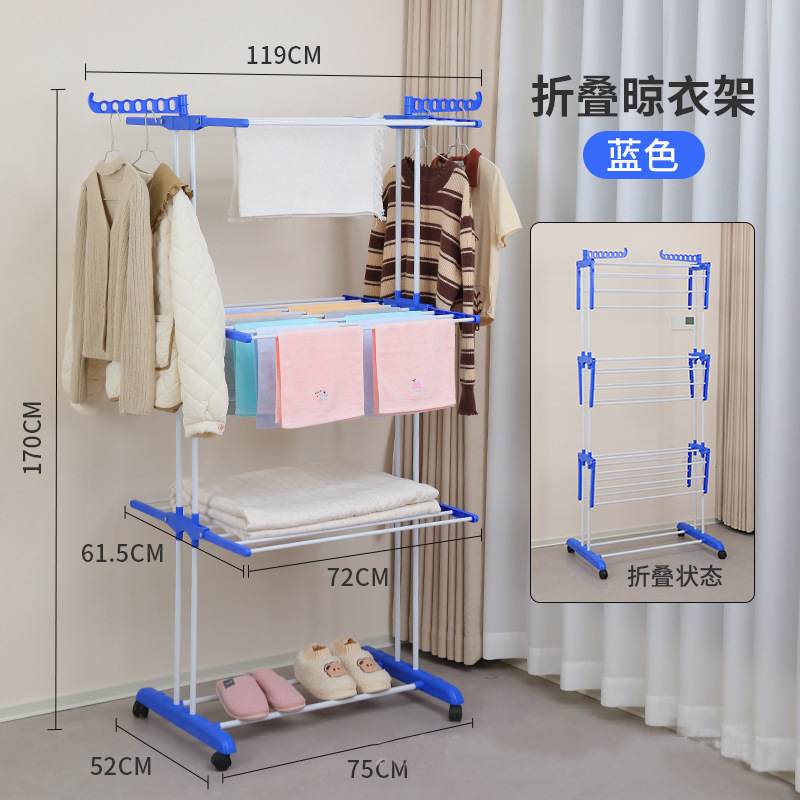 New best-selling indoor wardrobe floor-standing folding mobile clothes rack, multi-functional three-layer towel rack, wing-shaped clothes drying rack pic 6