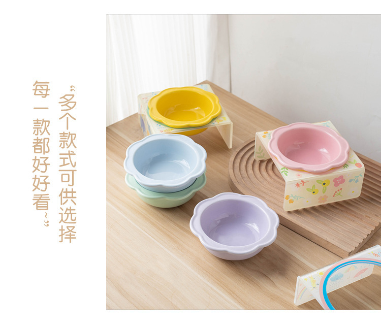 Cartoon pet bowl, acrylic stand, flower ceramic cat bowl, height-increasing dining table, single bowl stand for cats and dogs, neck guard to prevent knocking pic 12