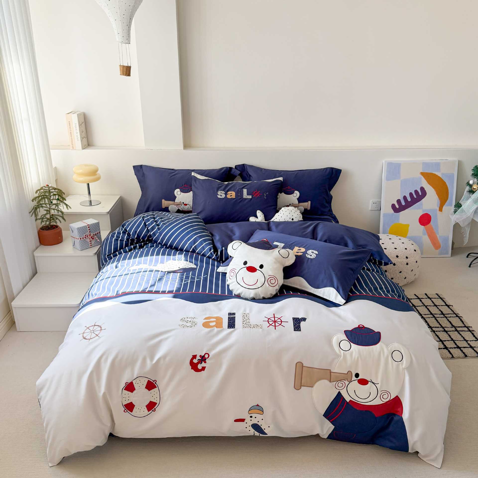 Four-piece set of washed cotton for boys and children, three-dimensional embroidered cartoon bed sheets and bedding pic 5