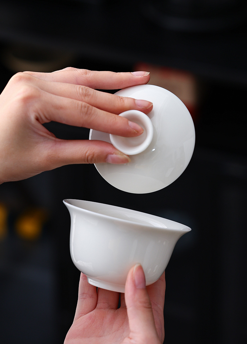 羊脂玉三才盖碗悬停白瓷泡茶碗茶杯薄胎茶具盖碗茶茶碗功夫小号杯详情9