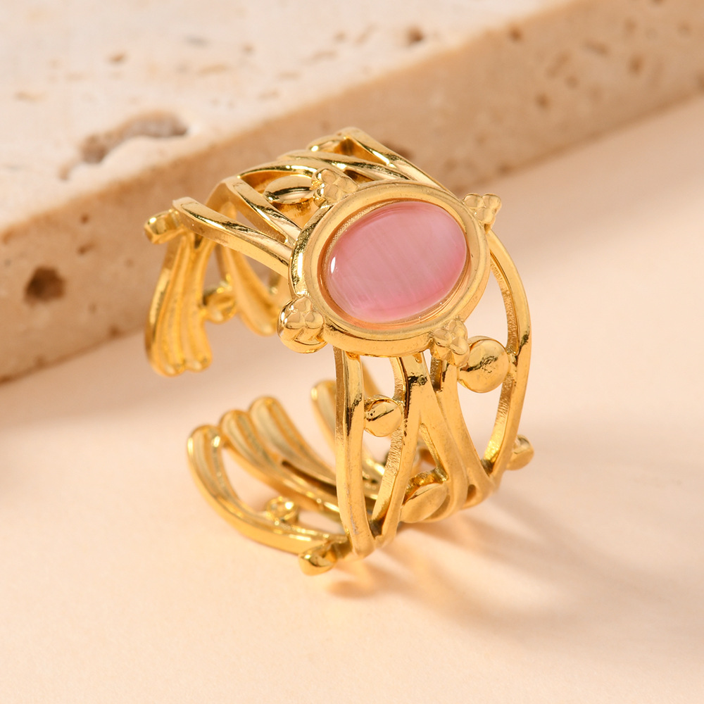 跨境热销不锈钢戒指轻奢宫廷风油压藤蔓镶宝石戒指开口戒钛钢饰品详情6