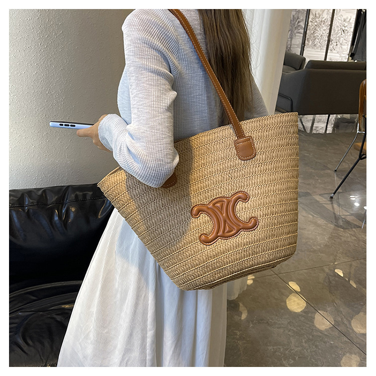 单肩草编包女士手提包大容量夏日旅游沙滩包手工编织菜篮子腋下包详情9