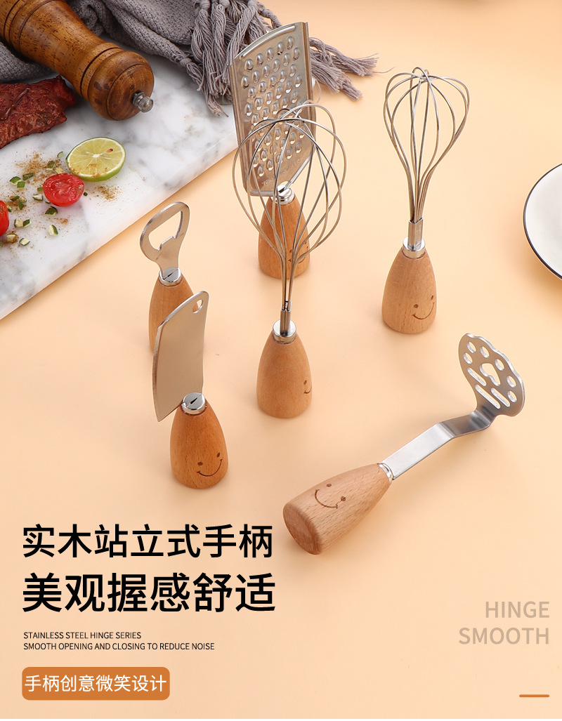 Smiling face wooden handle stainless steel potato puree maker, creative egg beater, grater, small kitchen knife for cutting and pressing potatoes pic 5