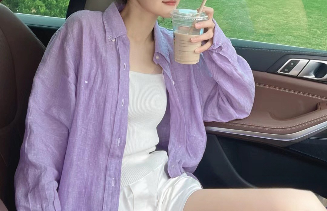 亚麻衬衫薄款小马标刺绣美式复古经典衬衣长袖POLO领防晒女上衣详情9