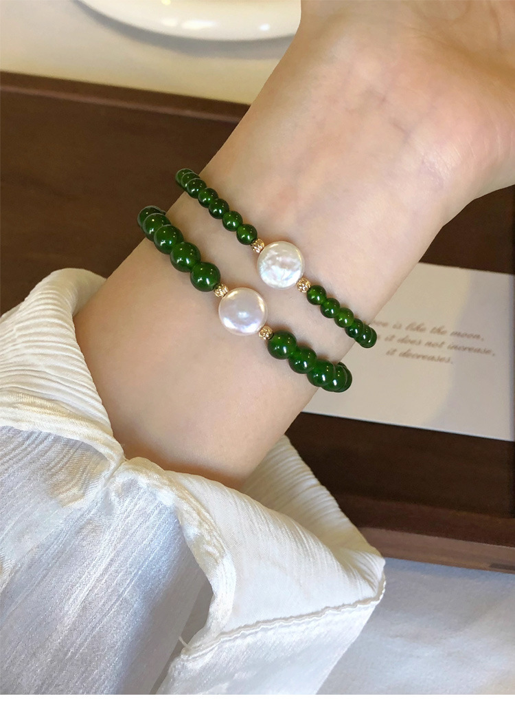 绿玉髓异形巴洛克淡水珍珠手链弹力可调节串珠小众新中式玛瑙手链详情4