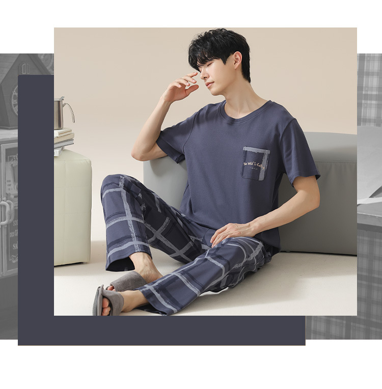 Summer pure cotton pajamas for men, cartoon casual short-sleeved shirts and long pants, pure cotton comfortable home wear, summer youth student set pic 36