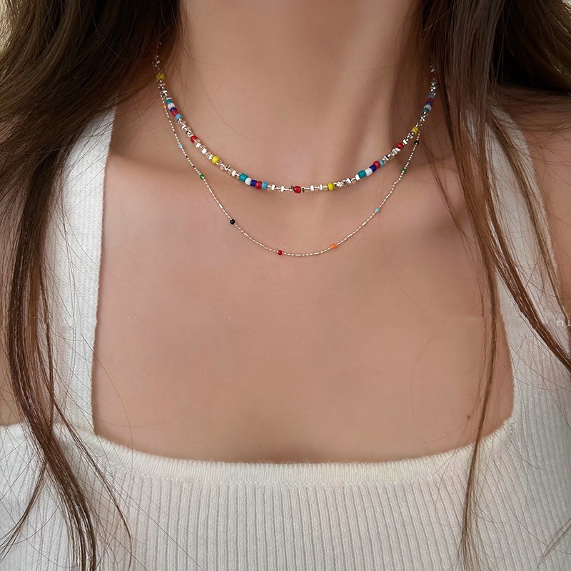 Colorful stacked beaded silver necklace, dopamine outfit necklace, light luxury and niche design sense collarbone chain necklace pic 9