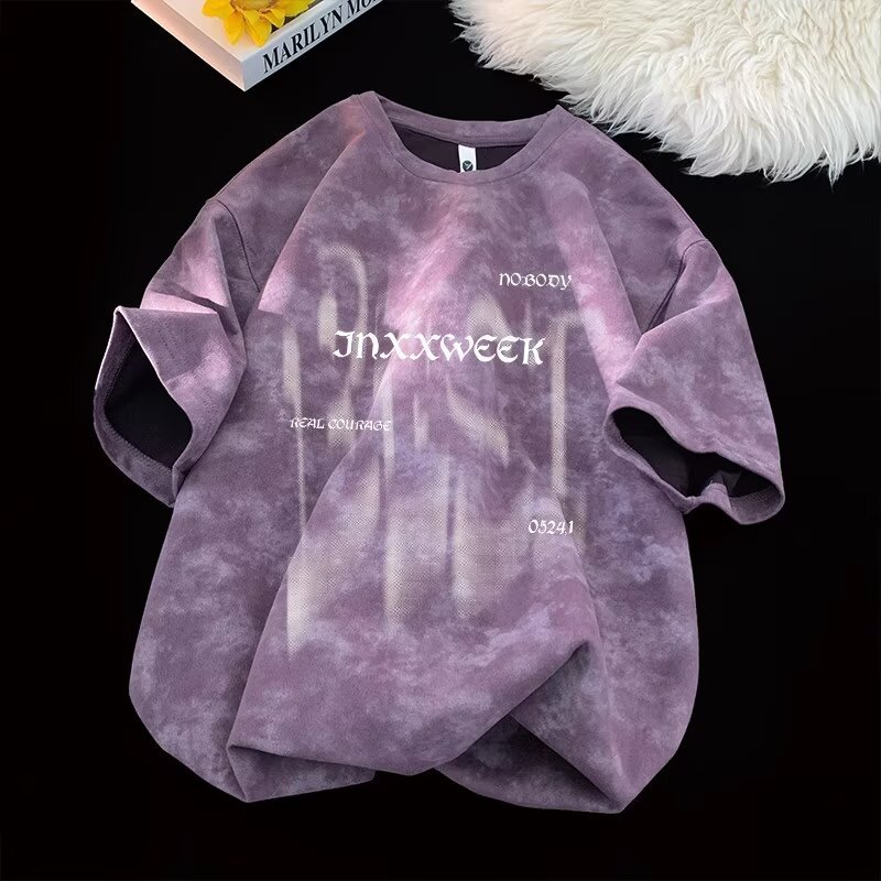 Summer trendy brand American heavy-duty pure cotton short-sleeved T-shirt for men, loose large-sized half-sleeved washed distressed T-shirt base layer pic 3
