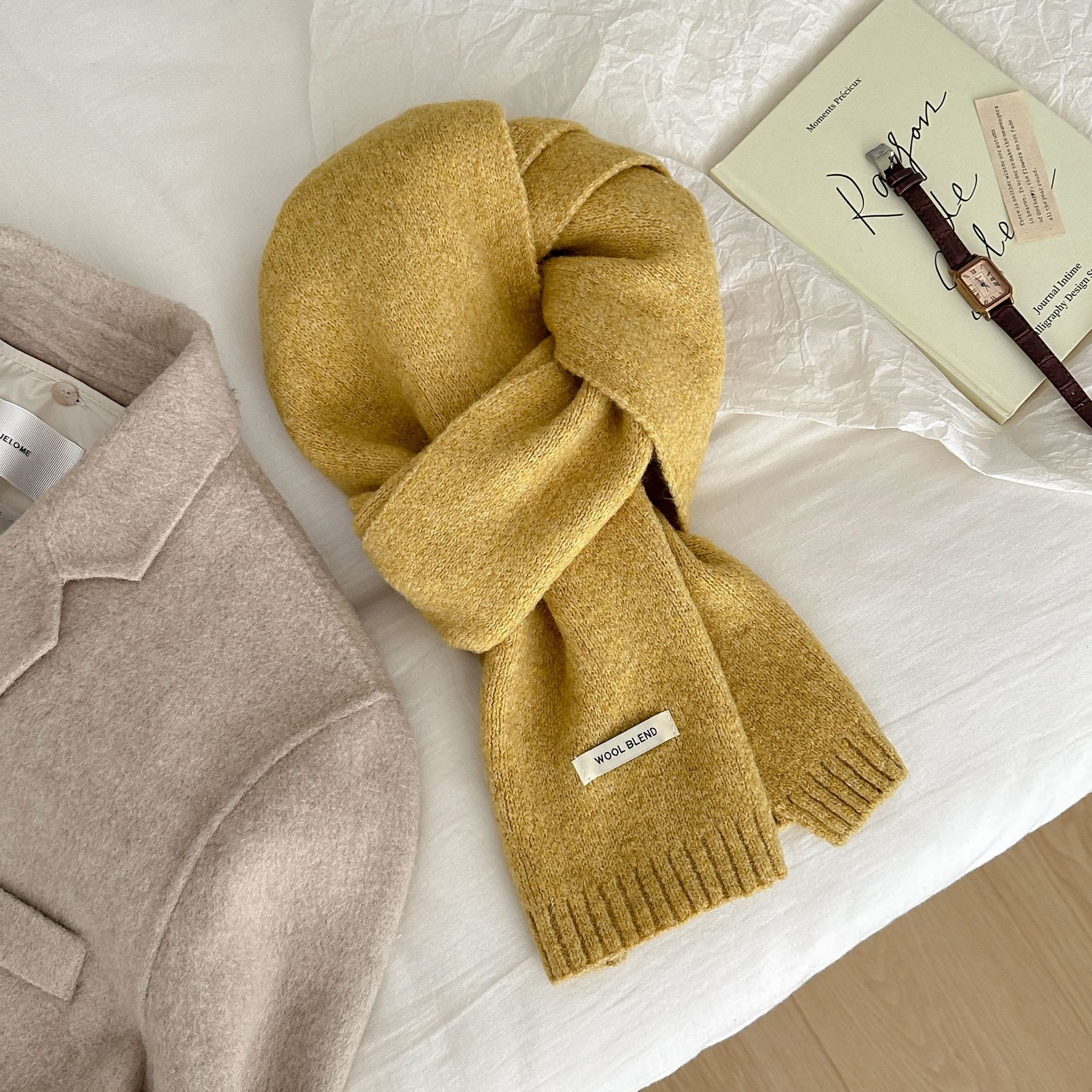 Solid-color wool blend scarf for women, autumn and winter, knitted woolen, warm, Korean-style, versatile, fashionable, fresh and sweet neck pic 34