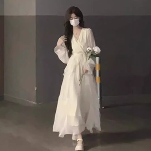 Gentle style, white moonlight dress, fairy-like, super fairy-like, high-end, French style, early autumn pure apricot long-sleeved dress pic 17