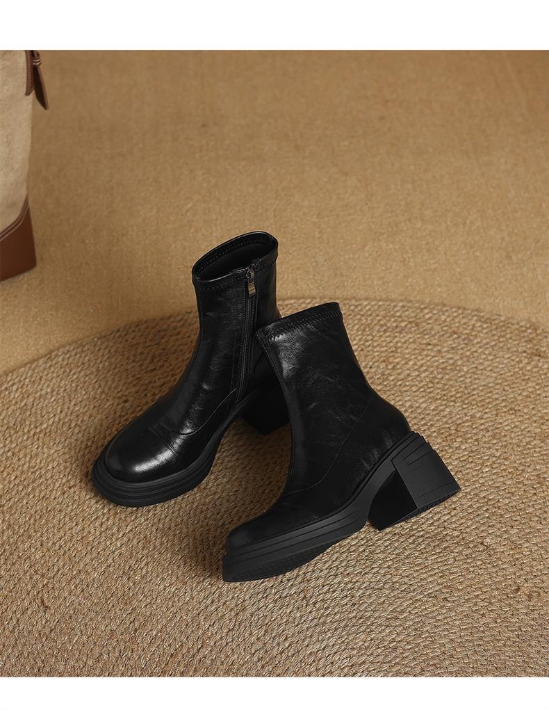 头层牛皮真皮弹力新款瘦瘦靴大码粗跟高跟短靴女秋冬厚底马丁靴详情23
