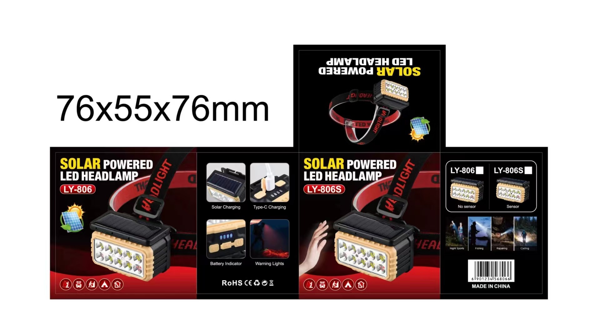 Cross-border solar sensor headlamp type-c charging LED night fishing running headlamp COB red and white light battery level display pic 12